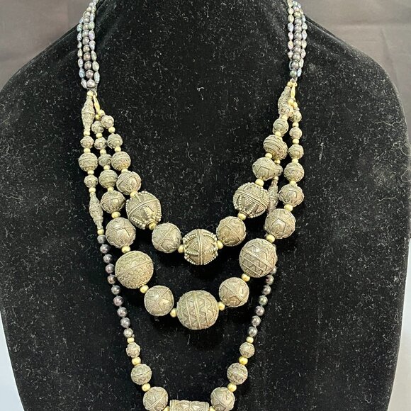 Sterling Silver Bali Bead necklace, Black Fresh Water Pearls and 14K gold clasps - Picture 1 of 3